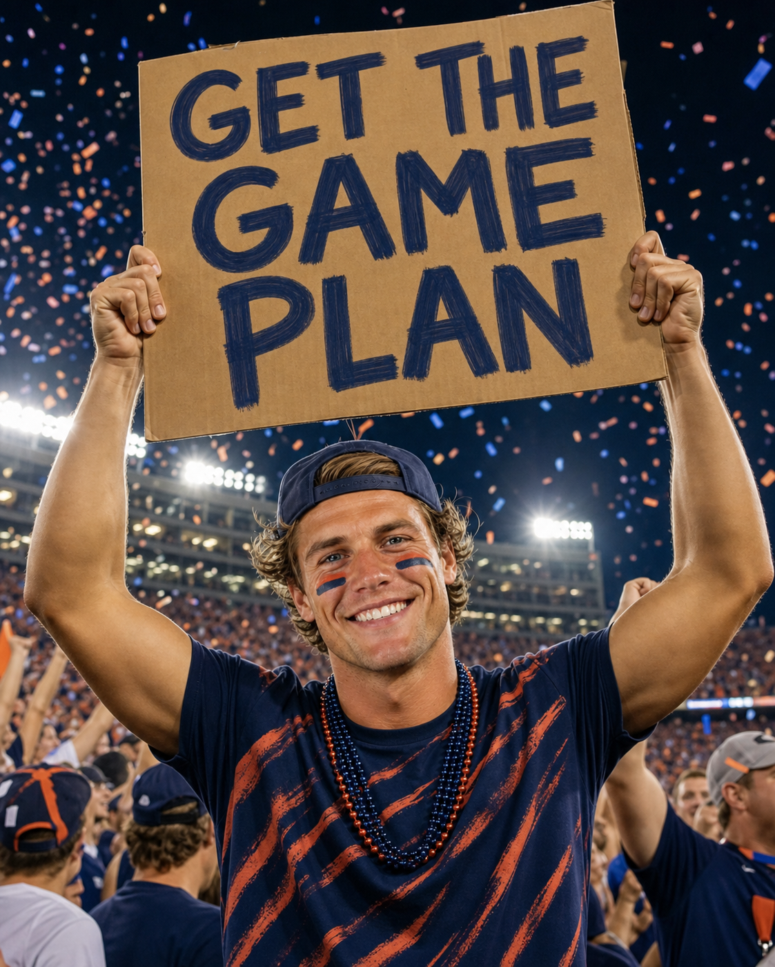 Luke with face paint and coral-streaked tee holding GET THE GAME PLAN sign