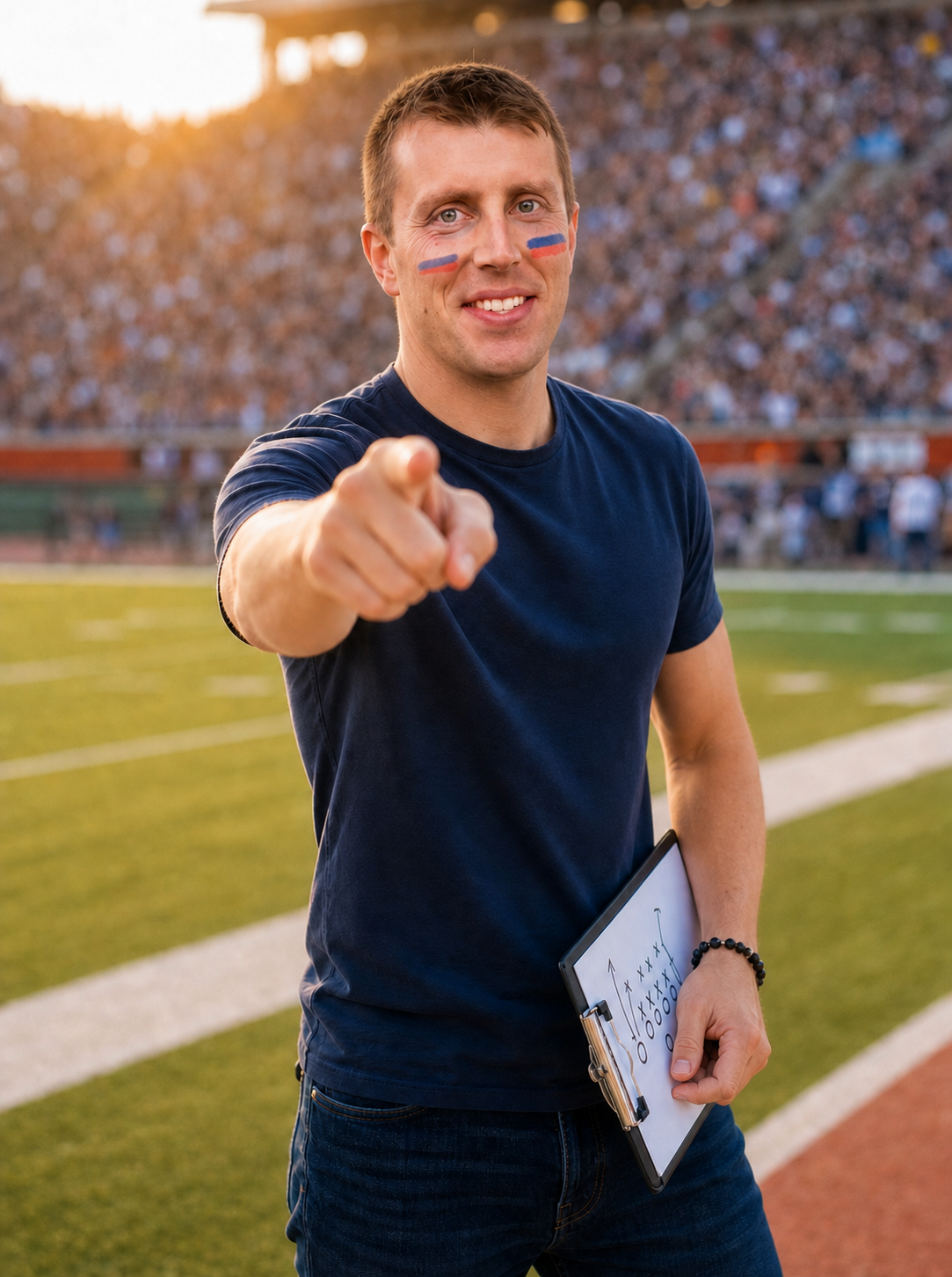 Zac Weikal on the sideline with eye paint and clipboard pointing at camera